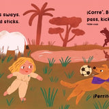 A page from the book 'Colombia.' of two kids playing in a field with various animals.