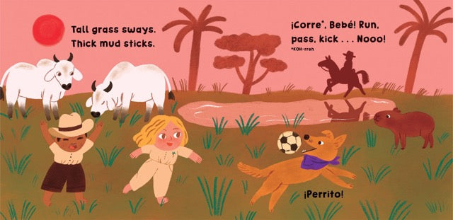 A page from the book 'Colombia.' of two kids playing in a field with various animals.