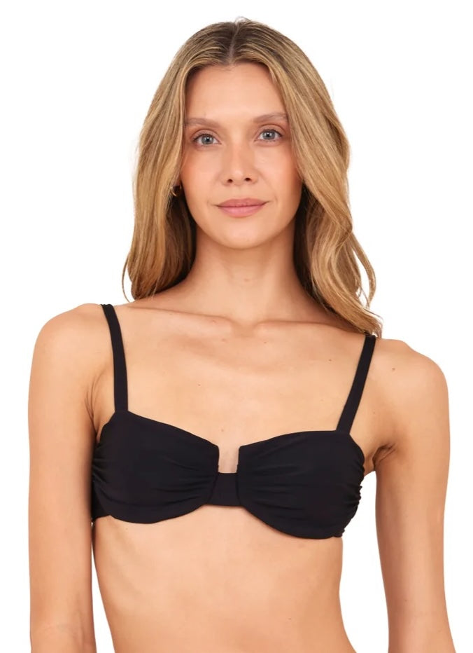 A woman wearing a black underwire bikini top.