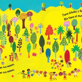 A page from the children's book 'El Mundo' featuring a colorful illustration an abundant forest with children running around.