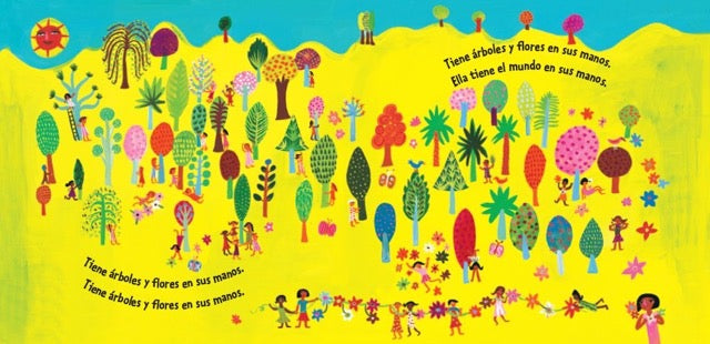 A page from the children's book 'El Mundo' featuring a colorful illustration an abundant forest with children running around.