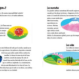 A page from the children's book 'El Mundo' featuring a colorful illustrations the sun, the moon, the mountains, and vallyes.