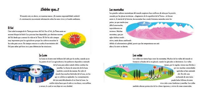 A page from the children's book 'El Mundo' featuring a colorful illustrations the sun, the moon, the mountains, and vallyes.
