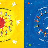 A page from the children's book 'El Mundo' featuring a colorful illustration children around the sun and around the moon.