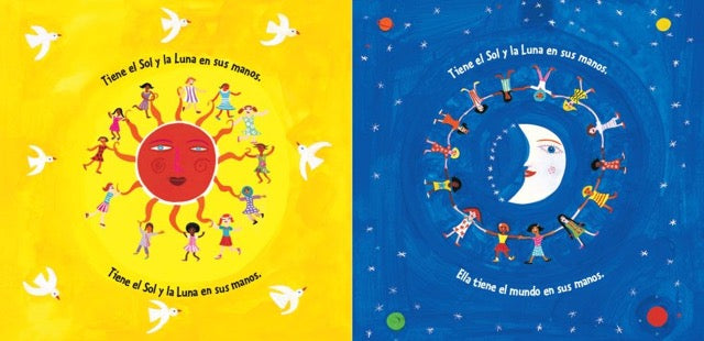 A page from the children's book 'El Mundo' featuring a colorful illustration children around the sun and around the moon.