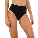 The "Hella Cool Bikini Bottom" by Malai Swimwear, showcasing a stylish and comfortable high-leg, high-waisted design. The model is wearing the bikini bottom, which is designed to land just above the belly button, offering a flattering fit.