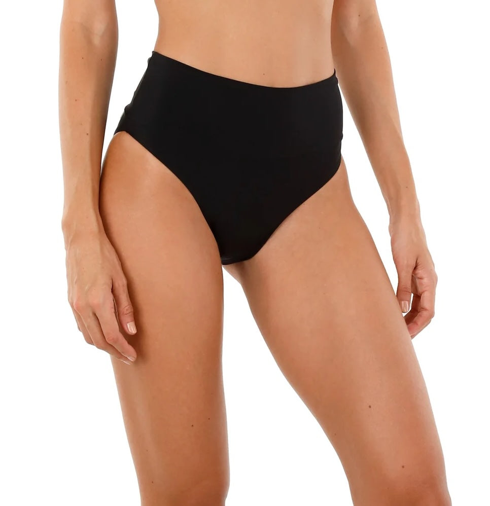 The "Hella Cool Bikini Bottom" by Malai Swimwear, showcasing a stylish and comfortable high-leg, high-waisted design. The model is wearing the bikini bottom, which is designed to land just above the belly button, offering a flattering fit.