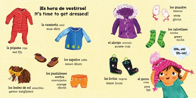 A page from 'Mis primeras palabras - Baby's First Words' featuring illustrations of all different kinds of clothing and their names in Spanish and English.