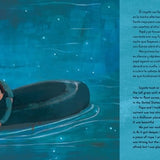 A page from the book 'La Frontera - El Viaje con Papa' featuring illustrations of a child and father making their journey across the border.