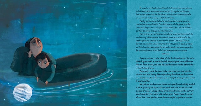 A page from the book 'La Frontera - El Viaje con Papa' featuring illustrations of a child and father making their journey across the border.