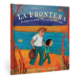 Cover of the book 'La Frontera - El Viaje con Papa' featuring illustrations of a child and an adult, presumably the author and his father, looking towards the horizon.