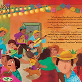 A page from the book 'La Frontera - El Viaje con Papa' featuring illustrations of a party.