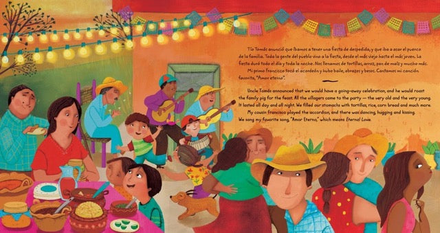 A page from the book 'La Frontera - El Viaje con Papa' featuring illustrations of a party.