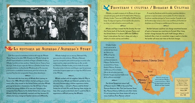 A page from the book 'La Frontera - El Viaje con Papa' featuring the true story that inspired the book.