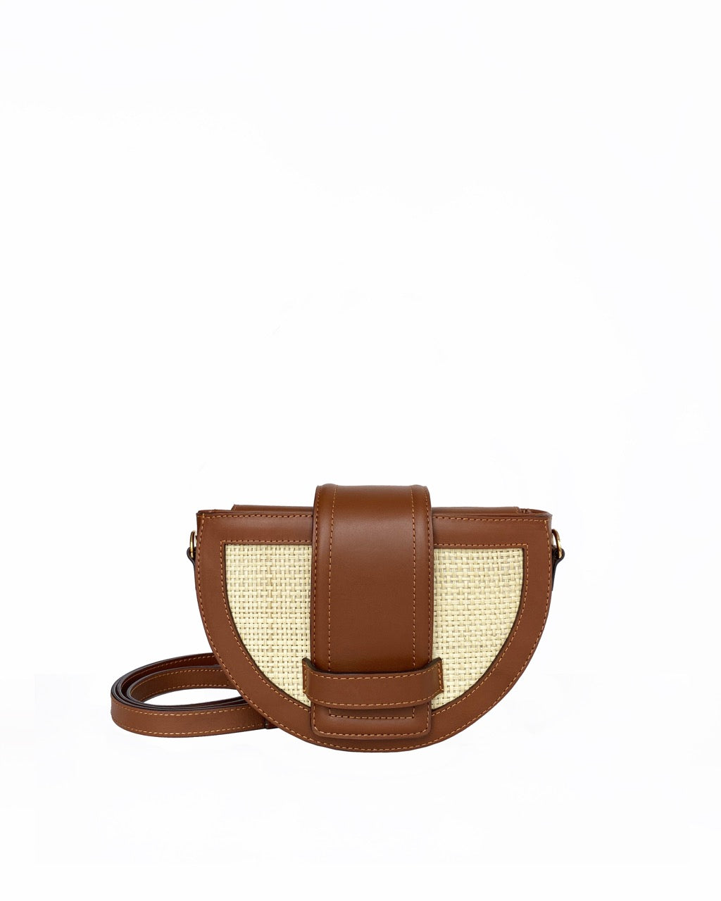 Brown crossbody bag with woven design on a white background.