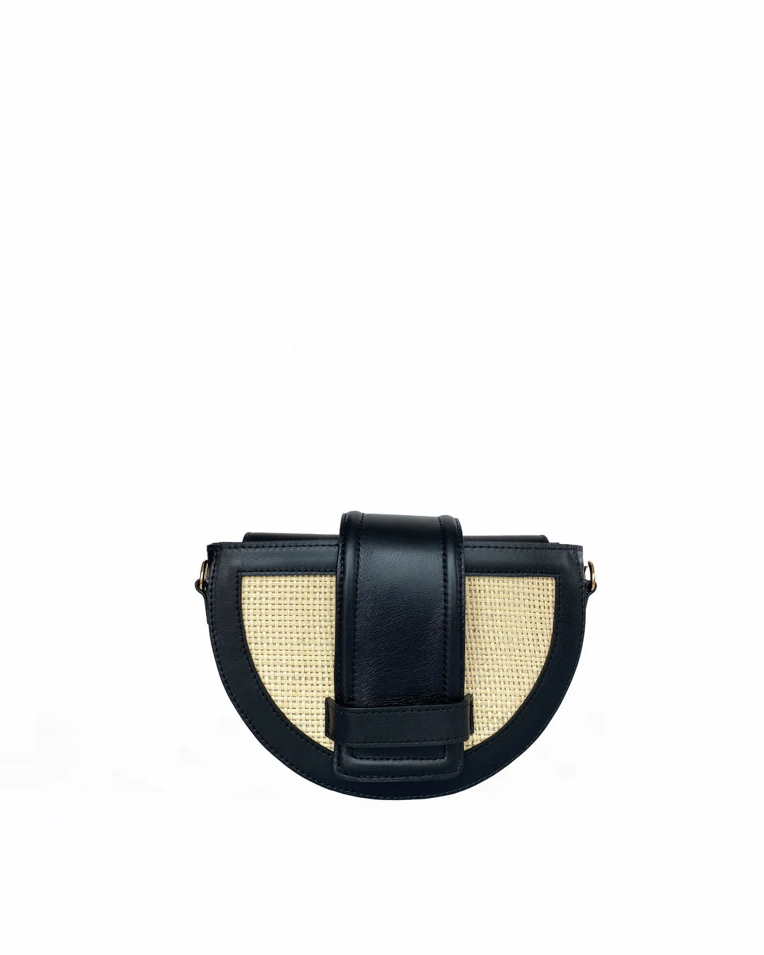 Black and beige handbag on a white background.
