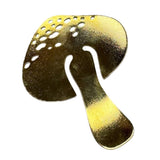 Close up image of a mushroom-shaped bookmark in gold. The purpose of this image is to highlight the bookmark, which is handmade by PAJAROLIMON.