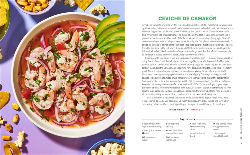 A page from 'My (Half) Latinx Kitchen' features a colorful image and instructions on how to make shrimp ceviche.
