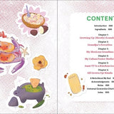 A page from 'My (Half) Latinx Kitchen' features the table of contents and different illustrations of various foods.