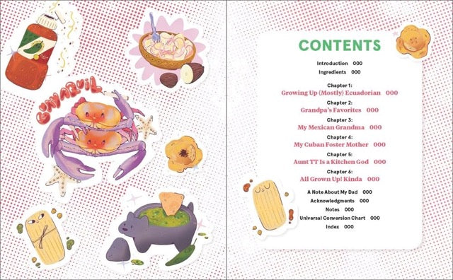 A page from 'My (Half) Latinx Kitchen' features the table of contents and different illustrations of various foods.