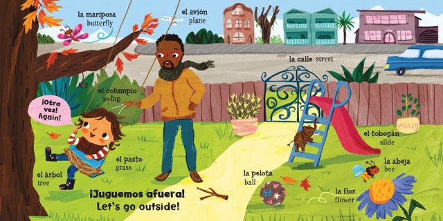 A page from 'Mis primeras palabras - Baby's First Words' featuring a father and his child on a swing and all the things in their yard labeled in Spanish and English.