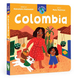 A colorful board book titled 'Colombia' with an illustration of a woman and a child on the cover.