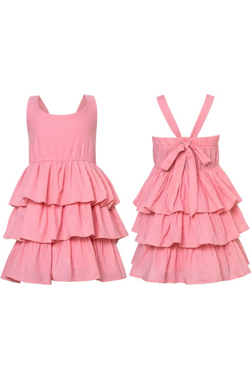 A pink cotton dress with a layered ruffle skirt and adjustable straps, designed for girls.
