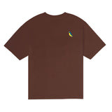 Brown t-shirt with a small colorful bird on the chest against a white background.