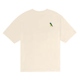 Beige t-shirt with a small colorful bird on the chest against a white background.