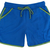 Blue shorts with green trim on a white background.