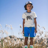 Boy wearing bear ringer t-shirt standing on a rock with a clear blue sky and tall grass in the background