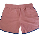 Pink shorts with blue trim on a white background.