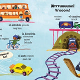 A page from 'Mis primeras palabras - Baby's First Words' featuring illustrations of all different vehicles and their names in Spanish and English.