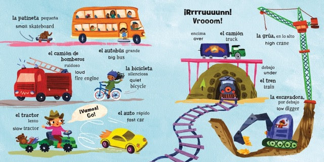A page from 'Mis primeras palabras - Baby's First Words' featuring illustrations of all different vehicles and their names in Spanish and English.