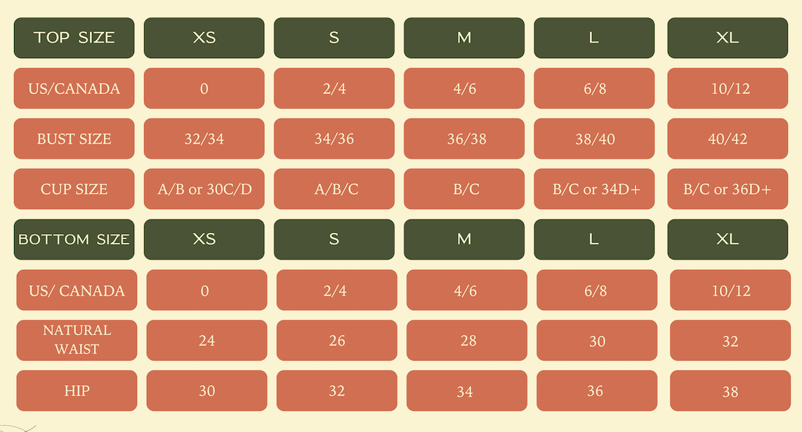 EVAMAIA Boutique sizing chart.