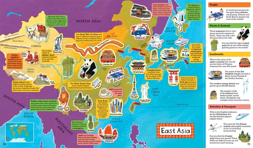 Colorful map of East Asia with various landmarks and text labels.