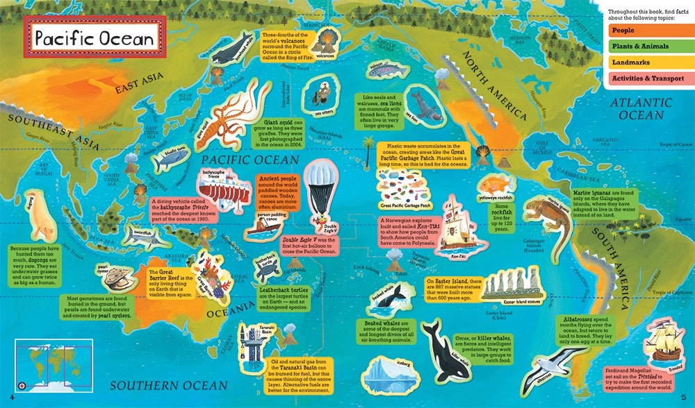 Map of the world with various icons and labels on a blue background.