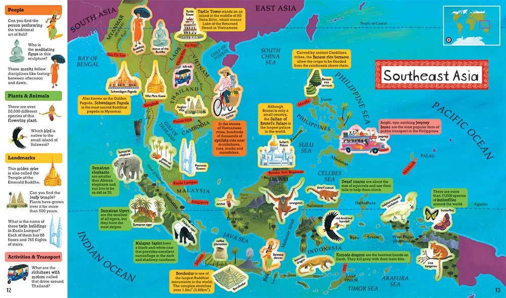 Map of Southeast Asia with various landmarks and icons on a blue background.