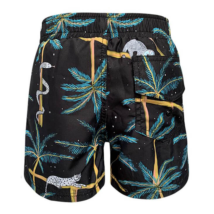 Back of black swim trunks for boys. The shorts have a convenient pocket along. These
