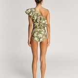 back of Abigail Emerald One Shoulder Ruffled One Piece Swimsuit on model on plain background