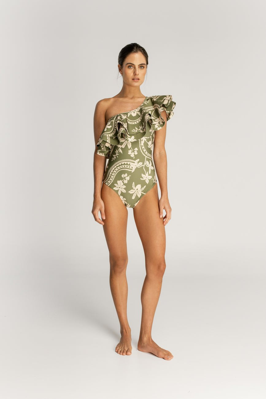 Abigail Emerald One Shoulder Ruffled One Piece Swimsuit on model on plain background