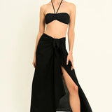 Classic Wrap Skirt with Hidden Button and Side Tie Strap - EVAMAIA