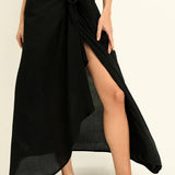 Classic Wrap Skirt with Hidden Button and Side Tie Strap - EVAMAIA