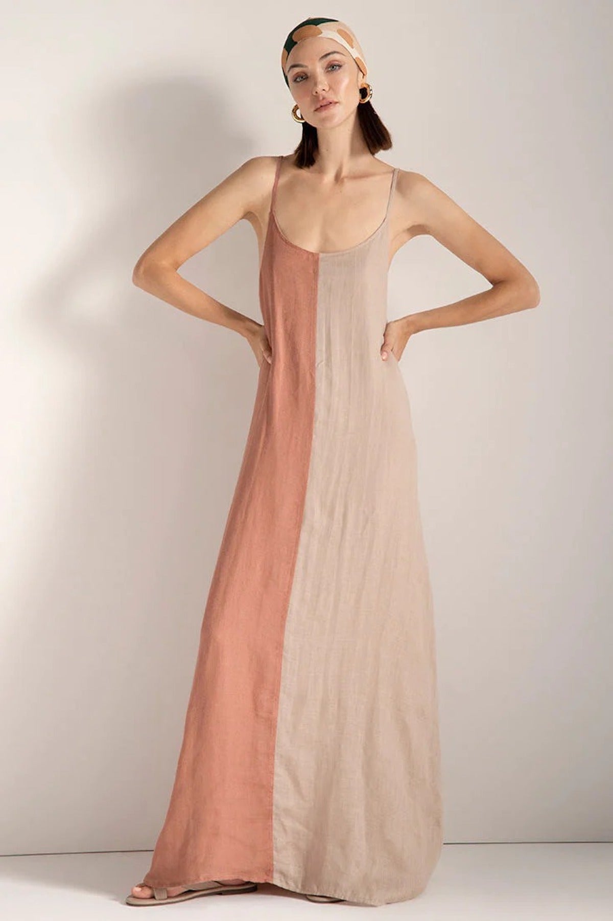 colorblock linen dress Emery Colorblock Front Twist Linen Midi Dress