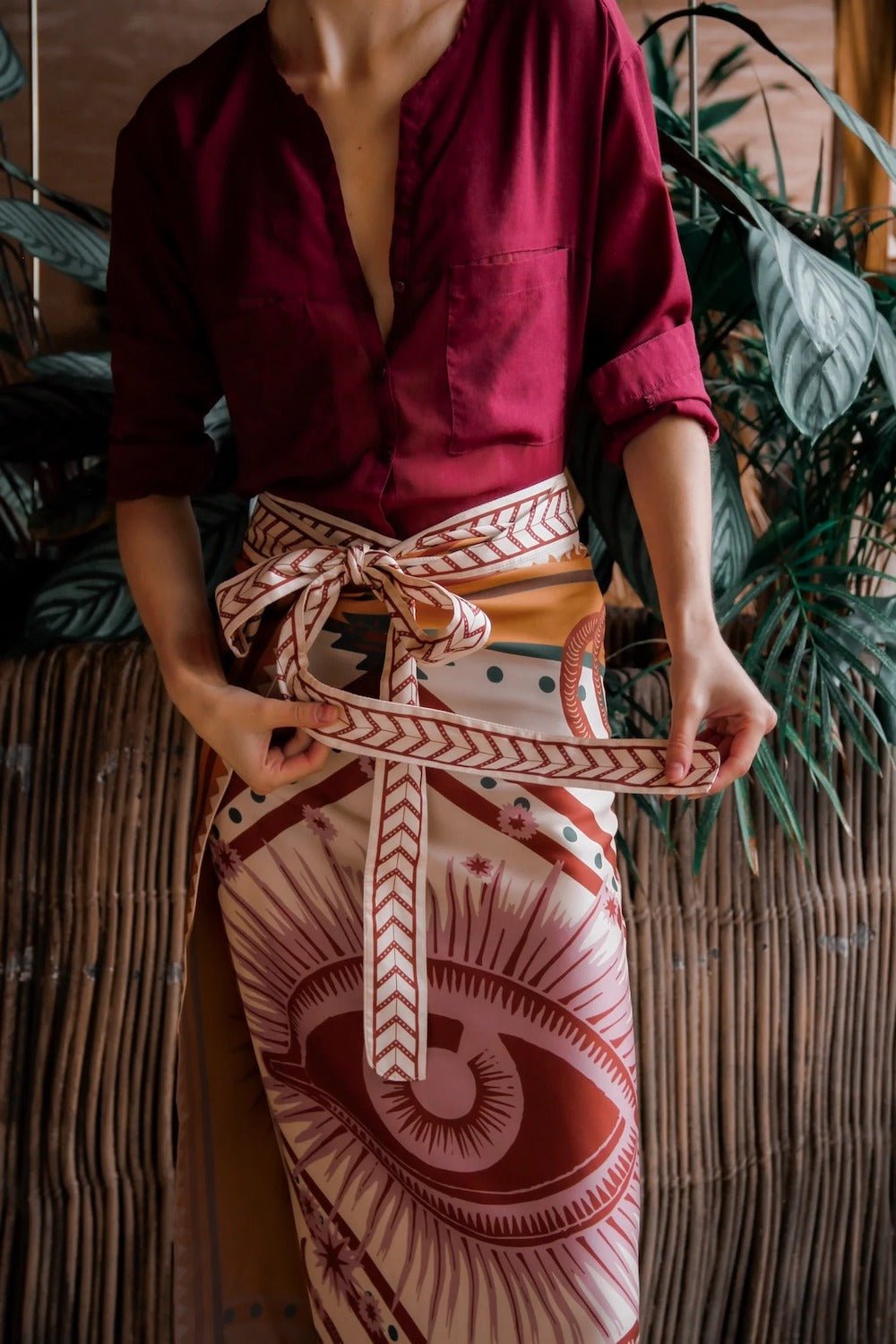 Close up of cream nazar wrap skirt