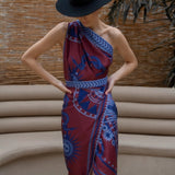 Women modeling lavendar nazar wrap dress