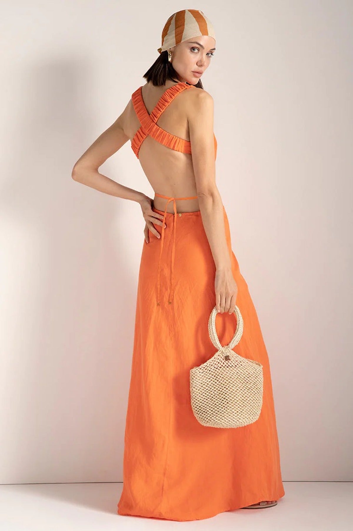Orange Cut Out Dress with Back Strap Detail - EVAMAIA