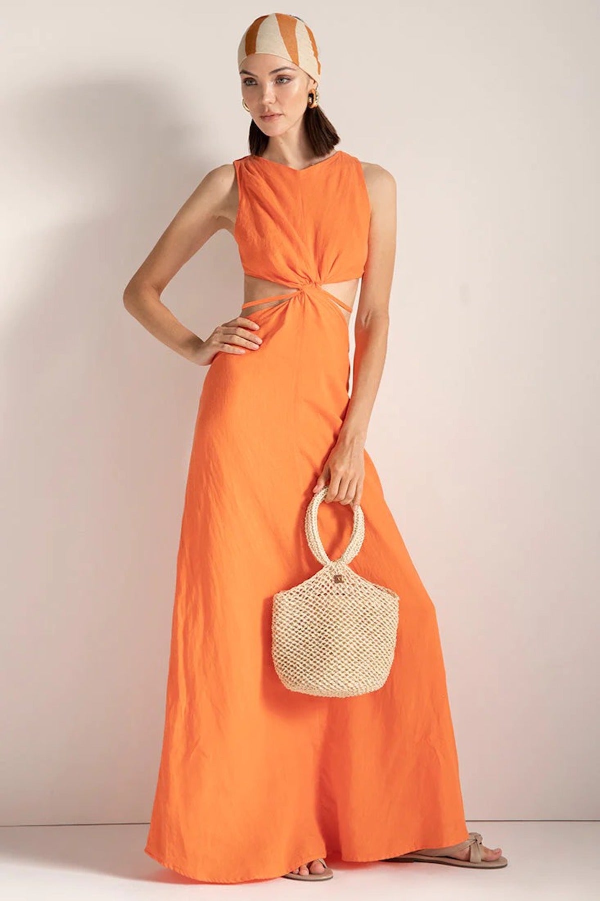 Orange Cut Out Dress with Back Strap Detail - EVAMAIA
