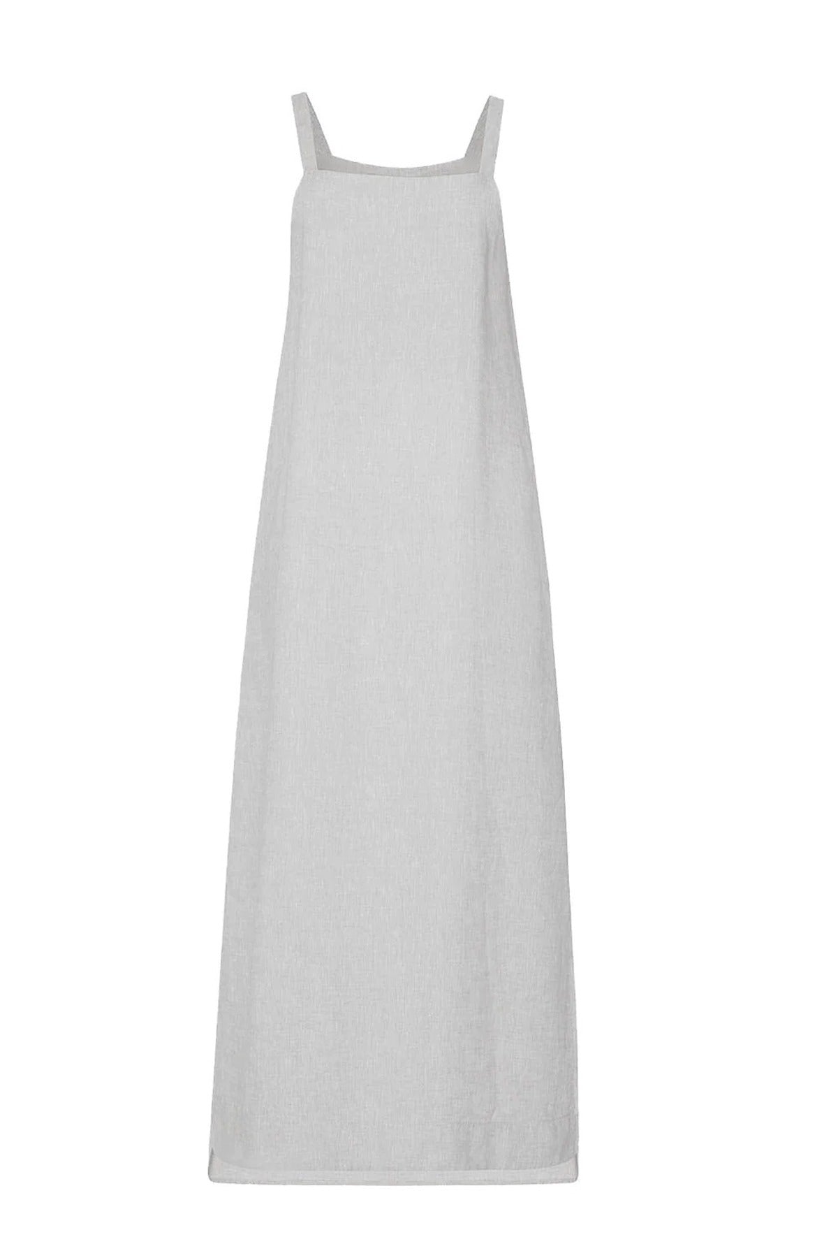 Image of a beige dress on a white background. The dress has spaghetti straps. The purpose of this image is to highlight the dress, which is for sale at EVAMAIA boutique in Studio City, CA and online.
