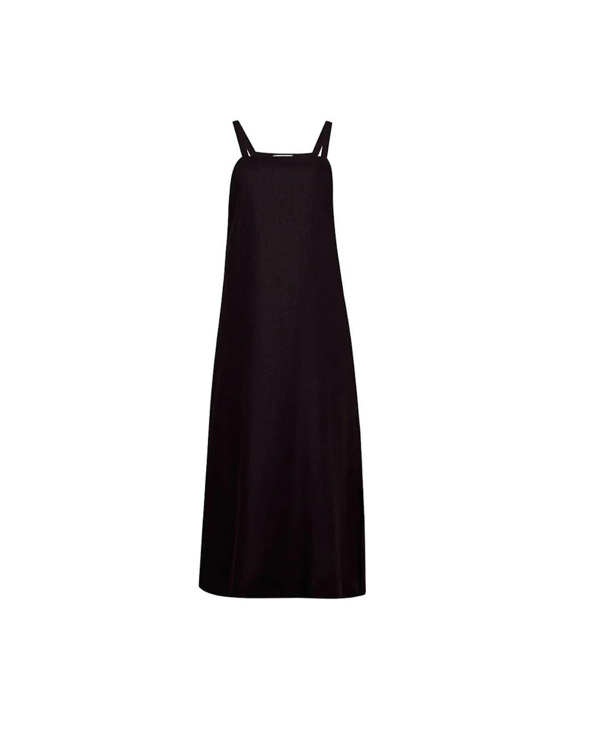 Image of a black dress on a white background. The dress has spaghetti straps. The purpose of this image is to highlight the dress, which is for sale at EVAMAIA boutique in Studio City, CA and online.